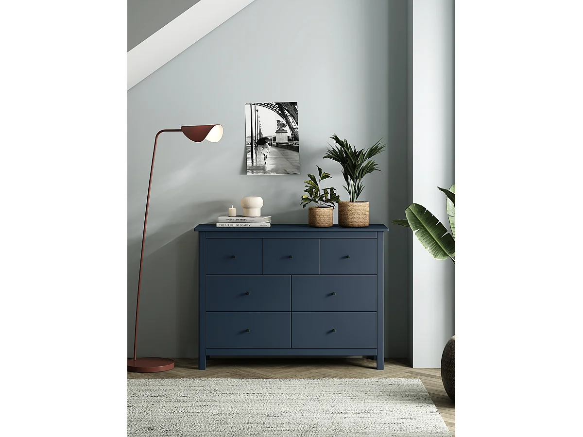 Commode, meuble de rangement en pin avec 7 tiroirs coloris bleu marine - Longueur 110 x Profondeur 40 x Hauteur 80 cm
