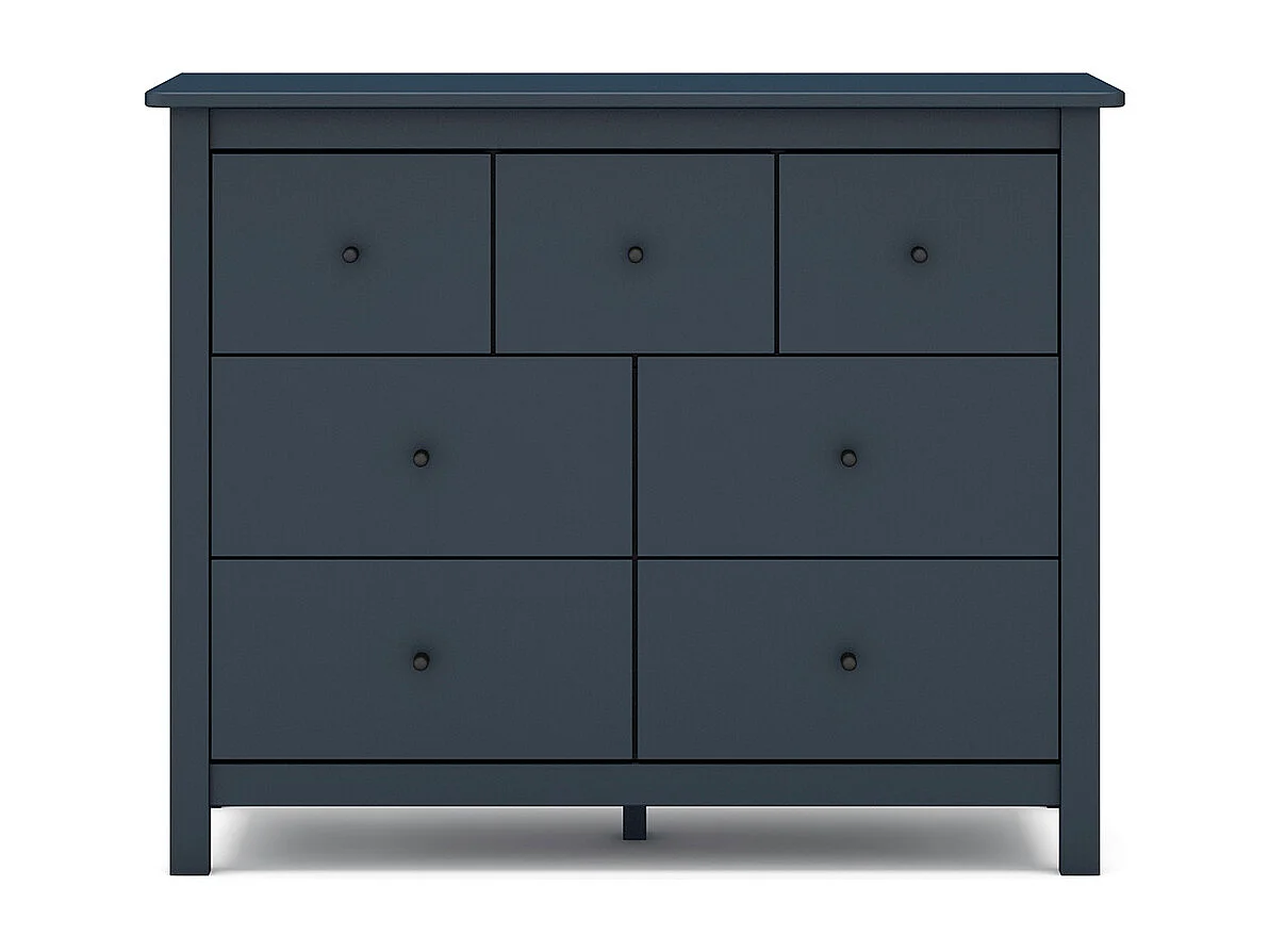 Commode, meuble de rangement en pin avec 7 tiroirs coloris bleu marine - Longueur 110 x Profondeur 40 x Hauteur 80 cm