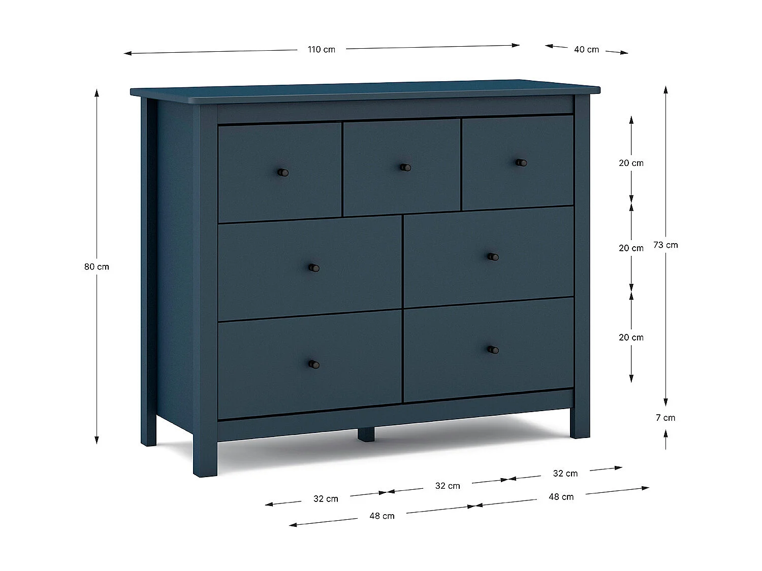 Commode, meuble de rangement en pin avec 7 tiroirs coloris bleu marine - Longueur 110 x Profondeur 40 x Hauteur 80 cm