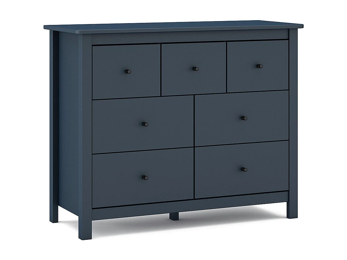 Commode, meuble de rangement en pin avec 7 tiroirs coloris bleu marine - Longueur 110 x Profondeur 40 x Hauteur 80 cm