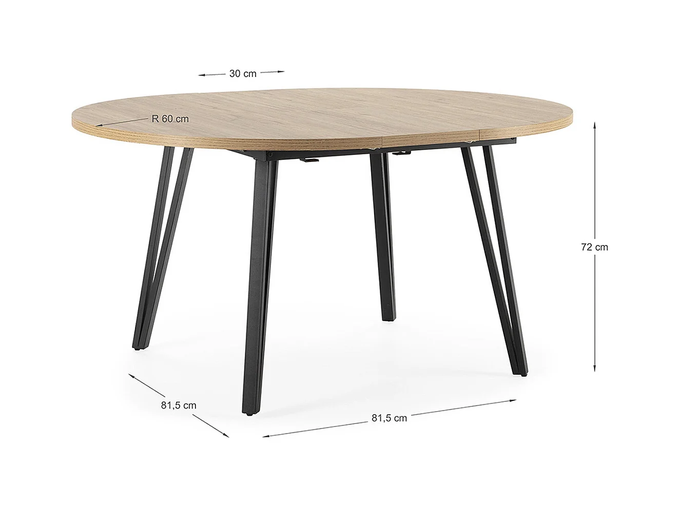 Table à manger table de repas extensible ronde aspect bois coloris naturel avec pieds en métal noir - Longueur 120-150 x Profondeur 120 x Hauteur 77 cm