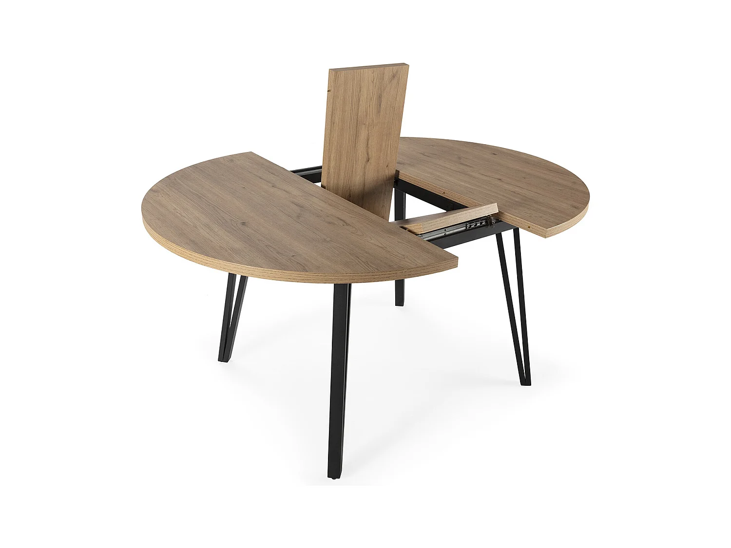Table à manger table de repas extensible ronde aspect bois coloris naturel avec pieds en métal noir - Longueur 120-150 x Profondeur 120 x Hauteur 77 cm