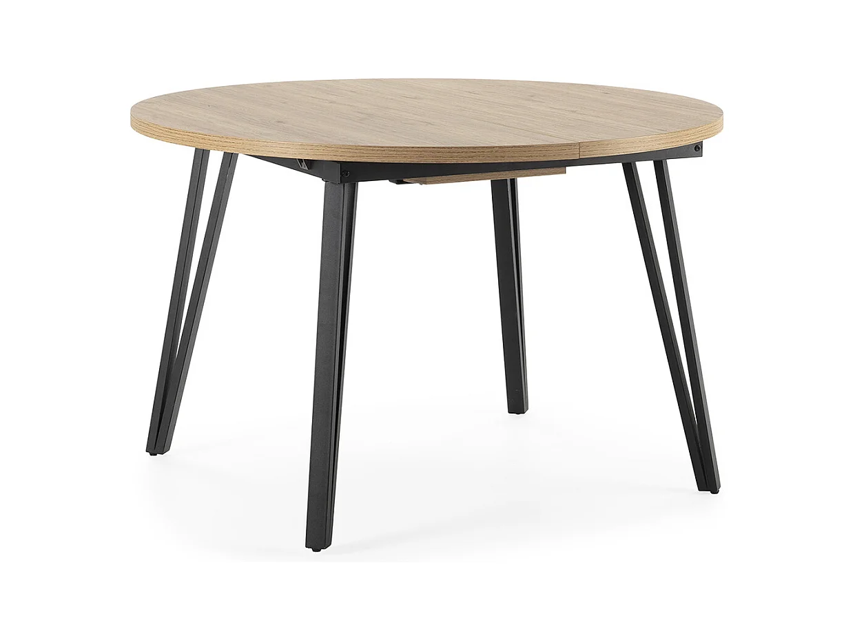 Table à manger table de repas extensible ronde aspect bois coloris naturel avec pieds en métal noir - Longueur 120-150 x Profondeur 120 x Hauteur 77 cm