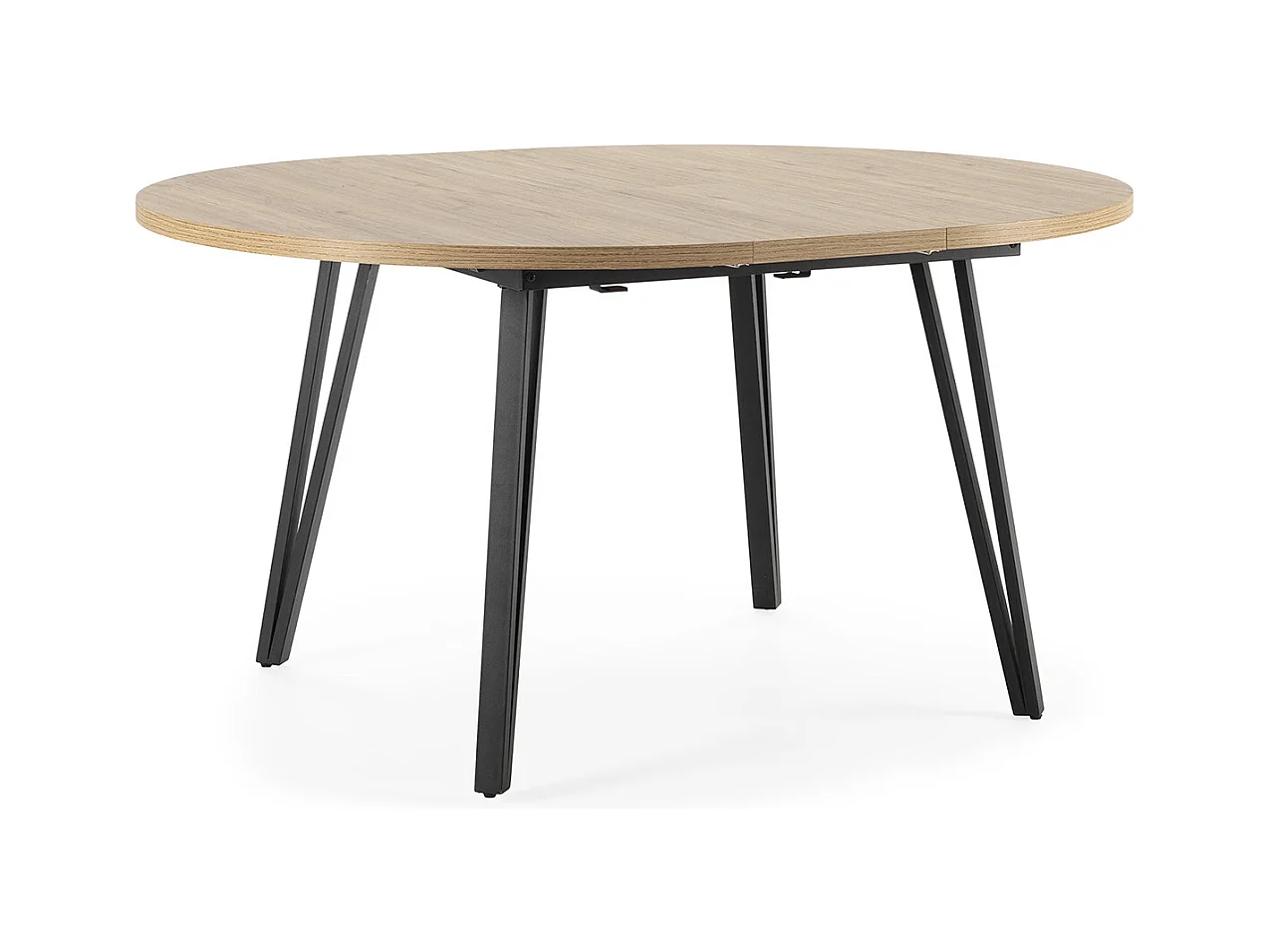 Table à manger table de repas extensible ronde aspect bois coloris naturel avec pieds en métal noir - Longueur 120-150 x Profondeur 120 x Hauteur 77 cm