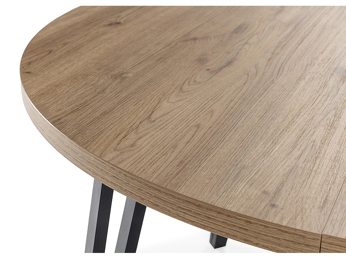 Table à manger table de repas extensible ronde aspect bois coloris naturel avec pieds en métal noir - Longueur 120-150 x Profondeur 120 x Hauteur 77 cm