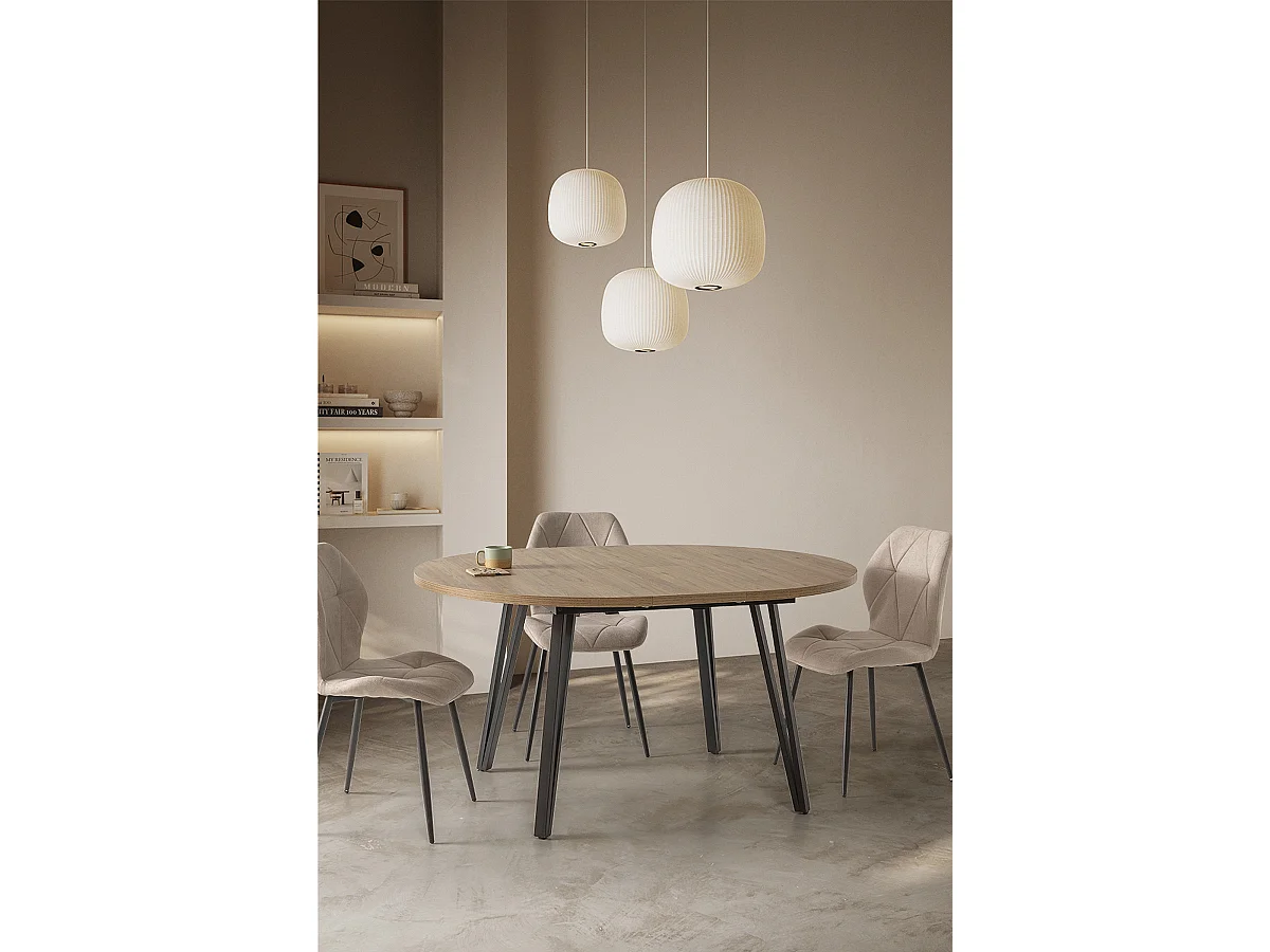 Table à manger table de repas extensible ronde aspect bois coloris naturel avec pieds en métal noir - Longueur 120-150 x Profondeur 120 x Hauteur 77 cm