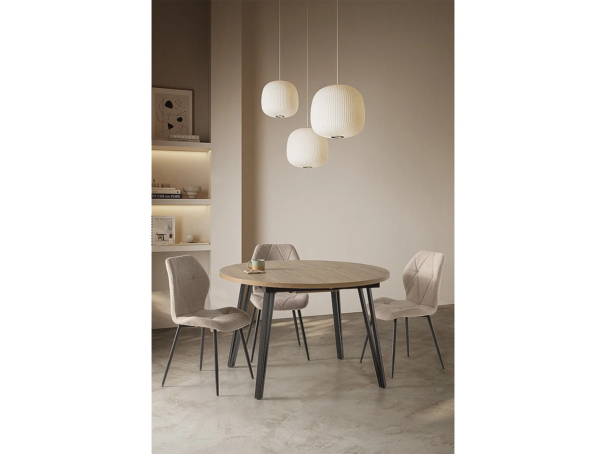 Table à manger table de repas extensible ronde aspect bois coloris naturel avec pieds en métal noir - Longueur 120-150 x Profondeur 120 x Hauteur 77 cm