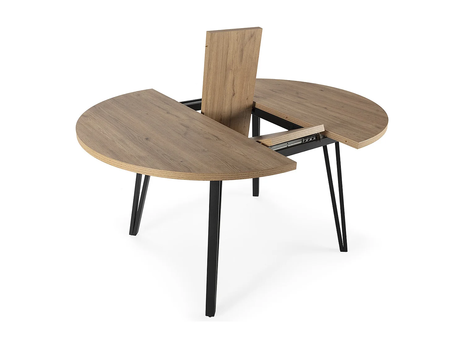 Table à manger table de repas extensible ronde aspect bois coloris naturel avec pieds en métal noir - Longueur 120-150 x Profondeur 120 x Hauteur 77 cm