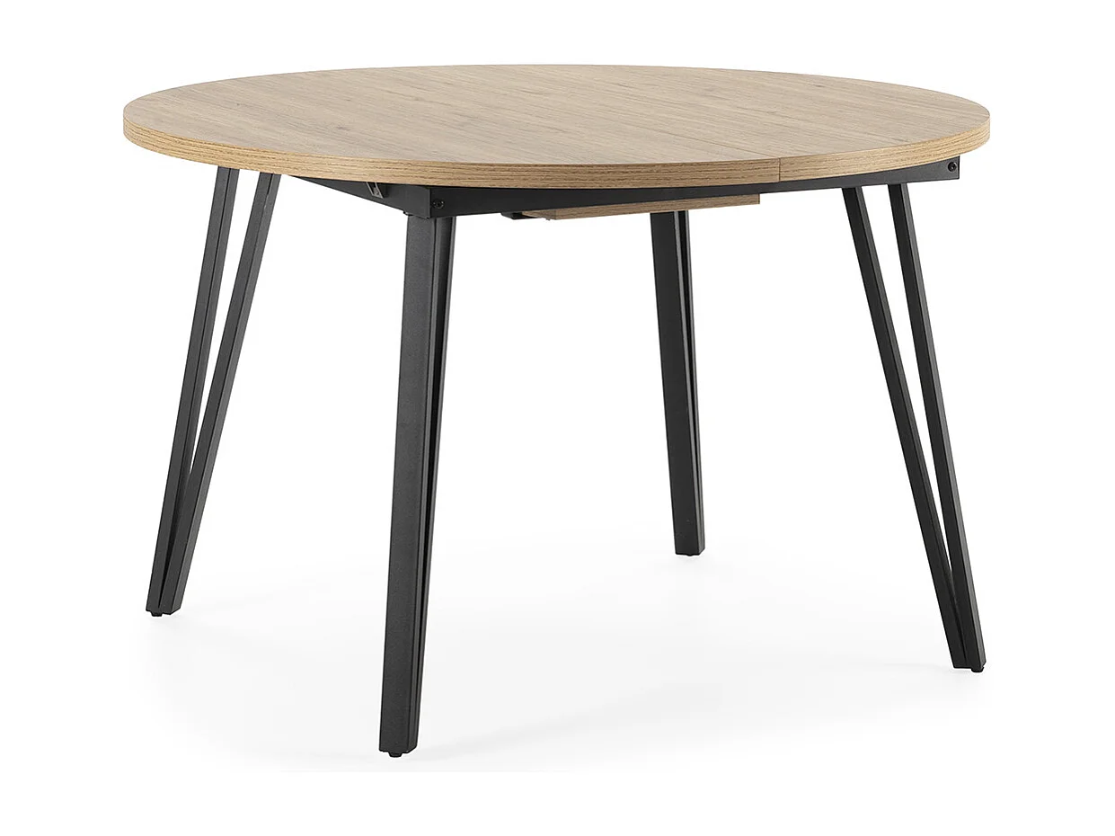 Table à manger table de repas extensible ronde aspect bois coloris naturel avec pieds en métal noir - Longueur 120-150 x Profondeur 120 x Hauteur 77 cm