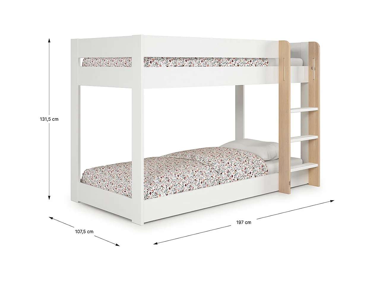 Lit superposé enfant en bois coloris blanc ciré, couchage 90 x 190 cm - Longueur 197 x Profondeur 107 x Hauteur 131 cm