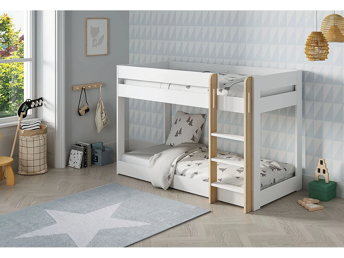 Lit superposé enfant en bois coloris blanc ciré, couchage 90 x 190 cm - Longueur 197 x Profondeur 107 x Hauteur 131 cm