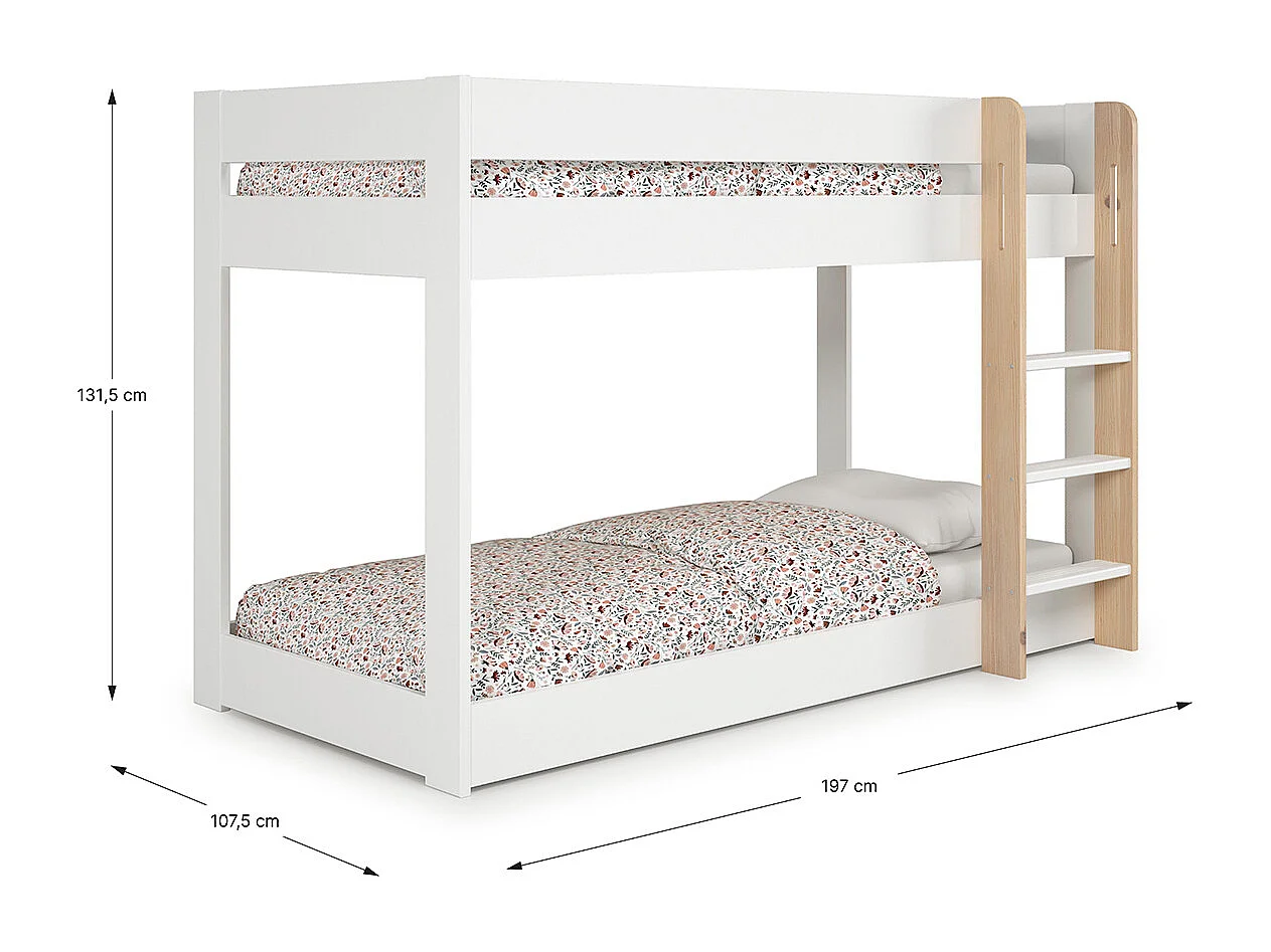 Lit superposé enfant en bois coloris blanc ciré, couchage 90 x 190 cm - Longueur 197 x Profondeur 107 x Hauteur 131 cm