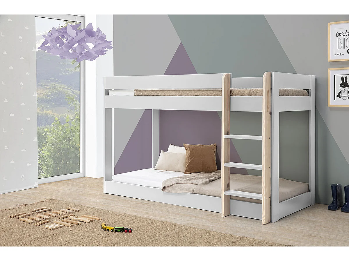 Lit superposé enfant en bois coloris blanc ciré, couchage 90 x 190 cm - Longueur 197 x Profondeur 107 x Hauteur 131 cm