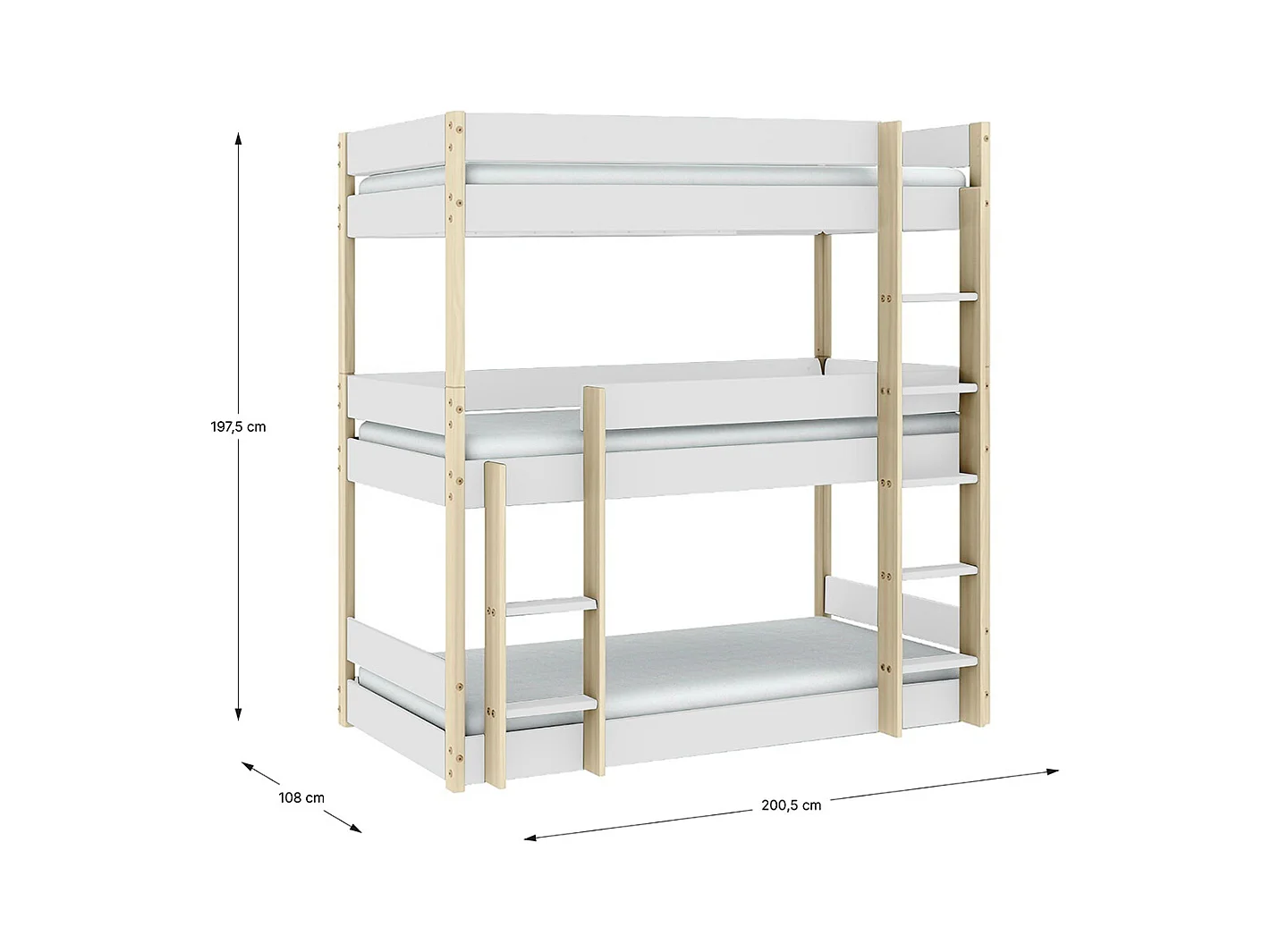 Lit superposé enfant coloris blanc, couchage 90 x 190 cm - Longueur 200 x Profondeur 107 x Hauteur 197 cm
