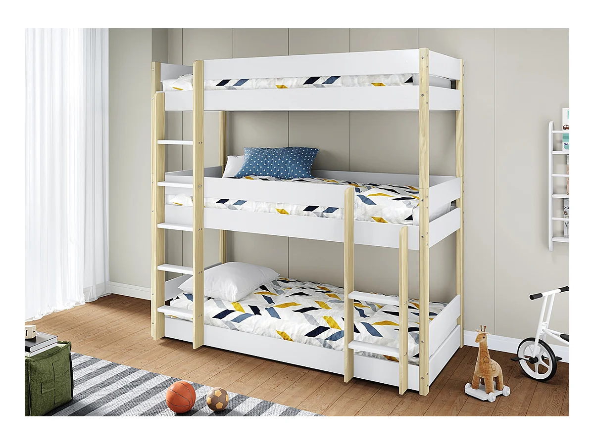 Lit superposé enfant coloris blanc, couchage 90 x 190 cm - Longueur 200 x Profondeur 107 x Hauteur 197 cm