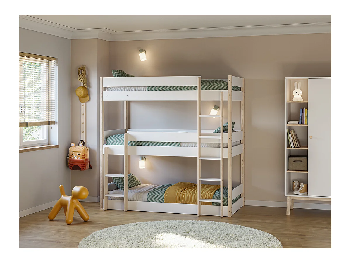 Lit superposé enfant coloris blanc, couchage 90 x 190 cm - Longueur 200 x Profondeur 107 x Hauteur 197 cm