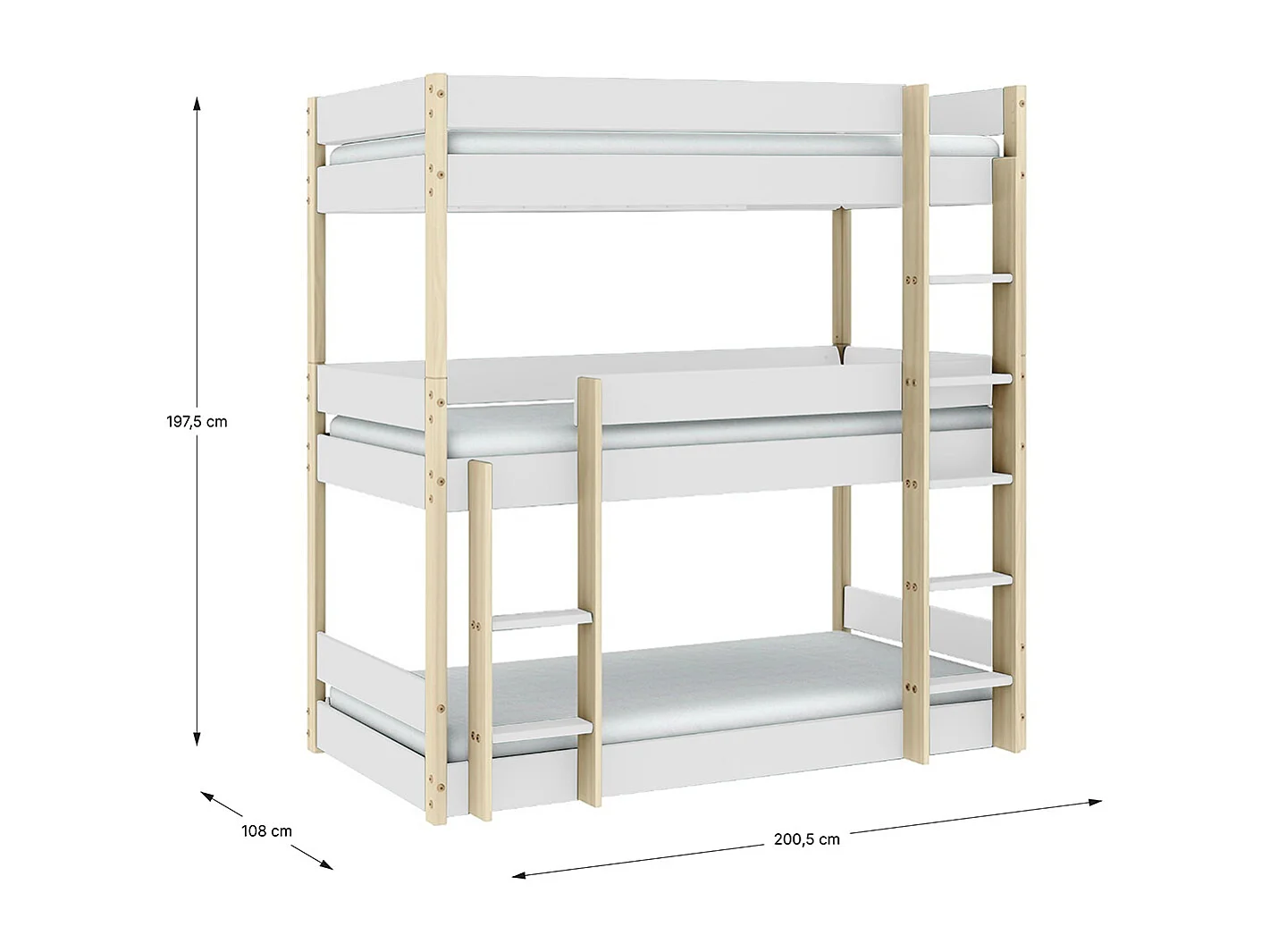 Lit superposé enfant coloris blanc, couchage 90 x 190 cm - Longueur 200 x Profondeur 107 x Hauteur 197 cm