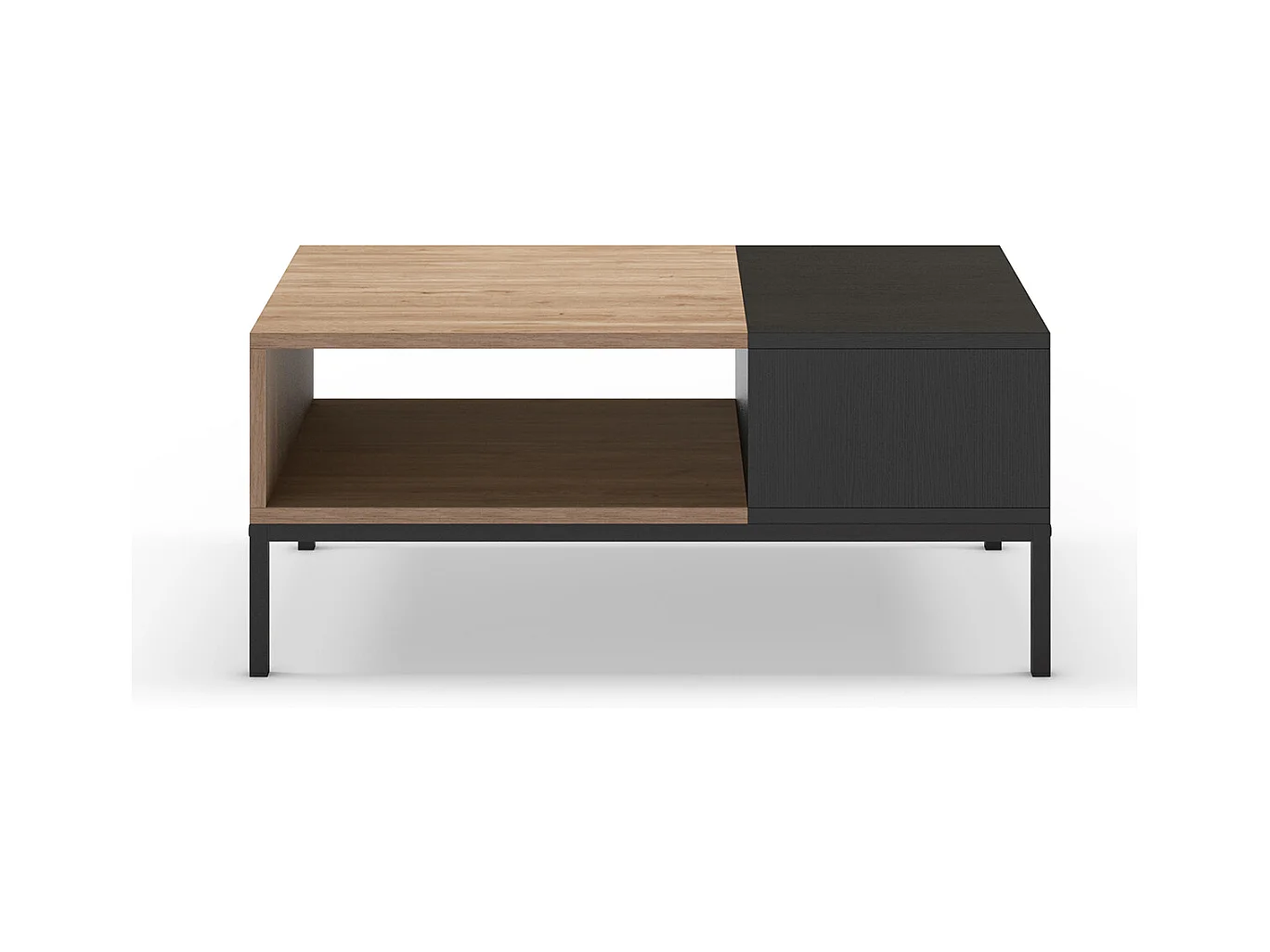 Table basse, table de salon aspect bois coloris naturel, noir et pieds en métal coloris noir -Longueur 90 x Profondeur 56 x Hauteur 40 cm