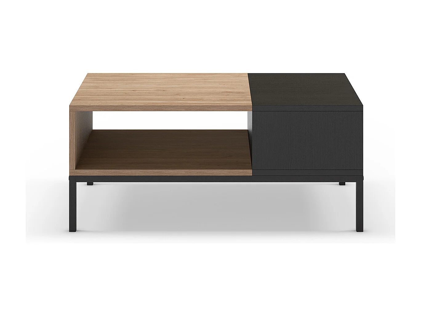 Table basse, table de salon aspect bois coloris naturel, noir et pieds en métal coloris noir -Longueur 90 x Profondeur 56 x Hauteur 40 cm