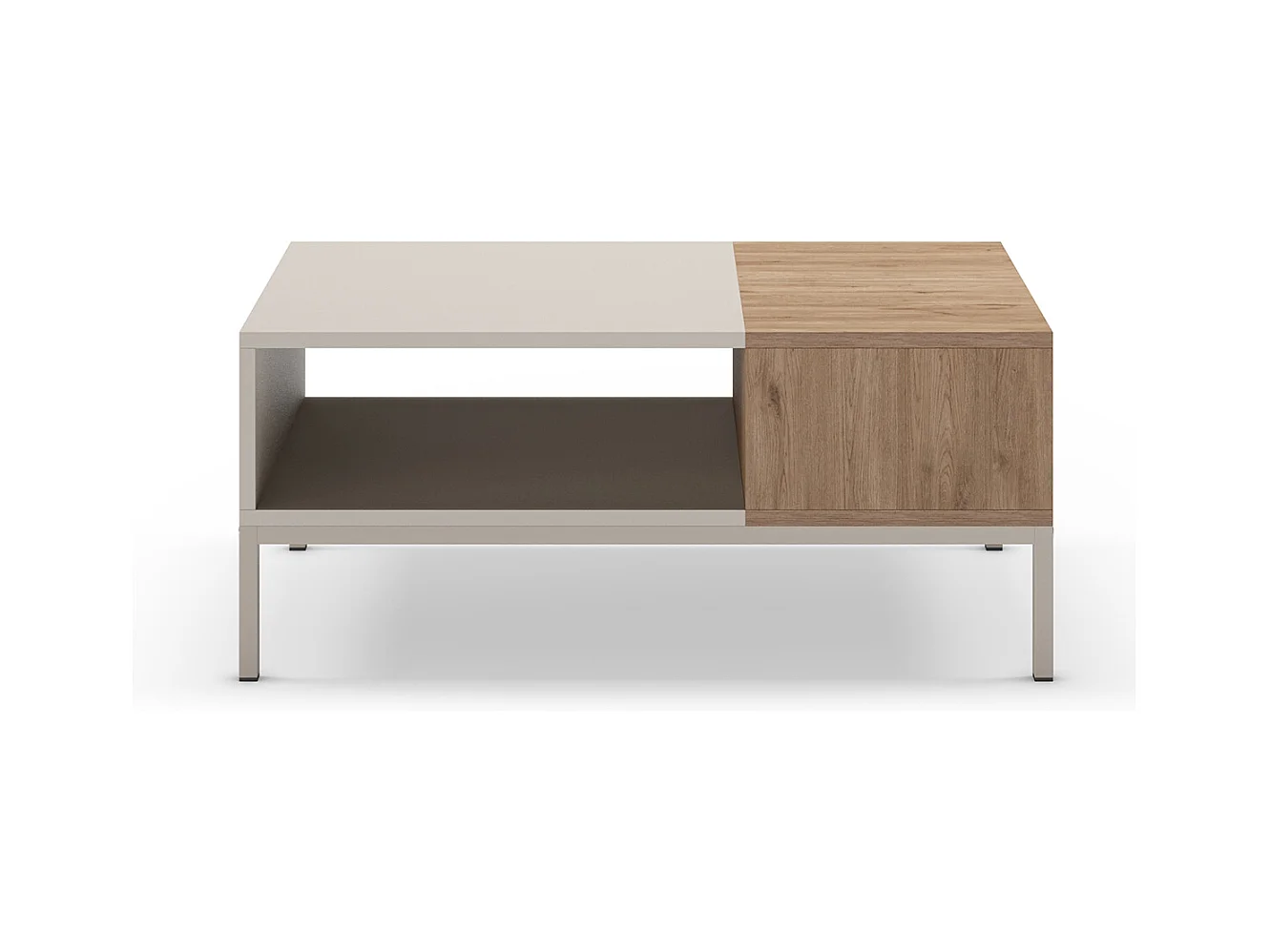Table basse, table de salon aspect bois coloris naturel, pieds en métal coloris blanc - Longueur 90 x Profondeur 56 x Hauteur 40 cm