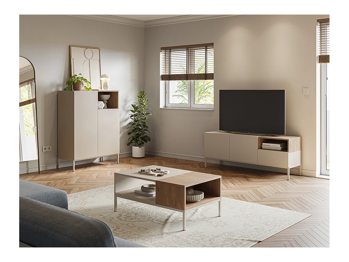 Table basse, table de salon aspect bois coloris naturel, pieds en métal coloris blanc - Longueur 90 x Profondeur 56 x Hauteur 40 cm