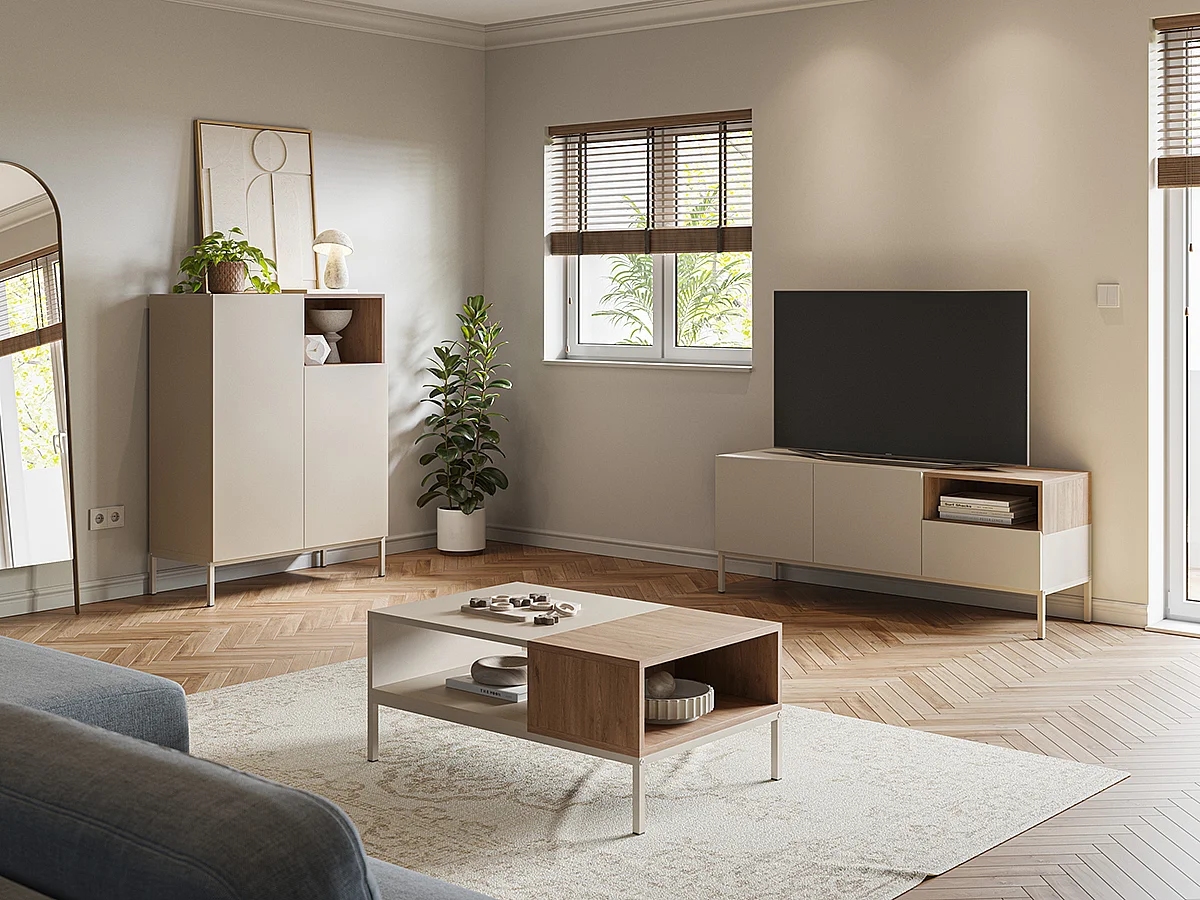 Table basse, table de salon aspect bois coloris naturel, pieds en métal coloris blanc - Longueur 90 x Profondeur 56 x Hauteur 40 cm