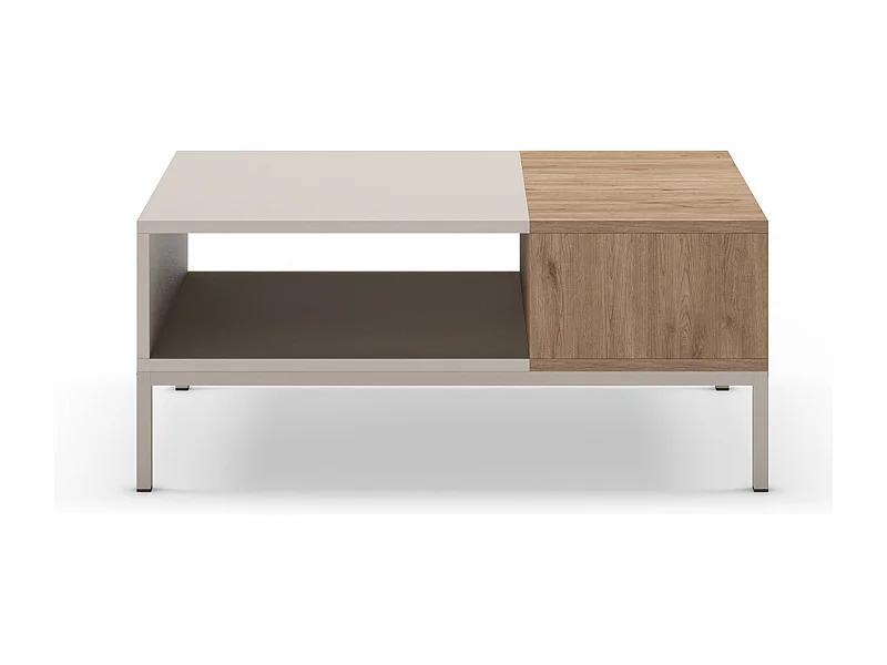 Table basse, table de salon aspect bois coloris naturel, pieds en métal coloris blanc - Longueur 90 x Profondeur 56 x Hauteur 40 cm