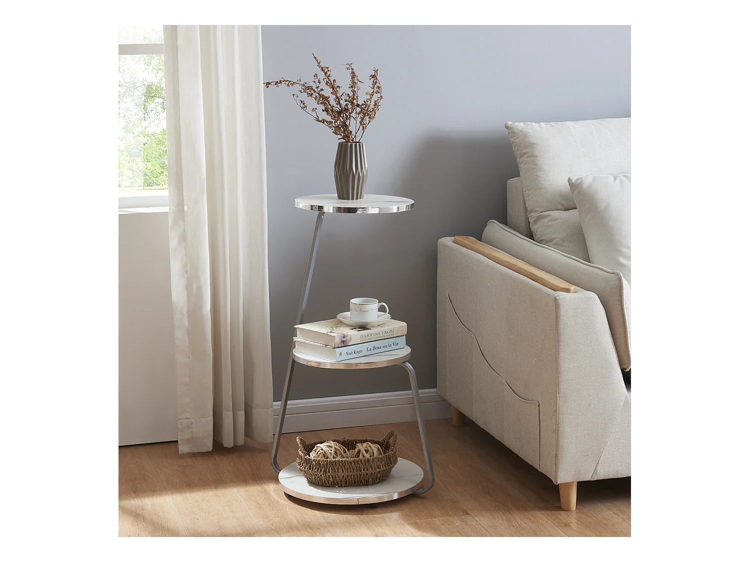 Table d'appoint Sipoo à 3 niveaux 74 x 46 x 37 cm marbre blanc / argenté [en.casa]