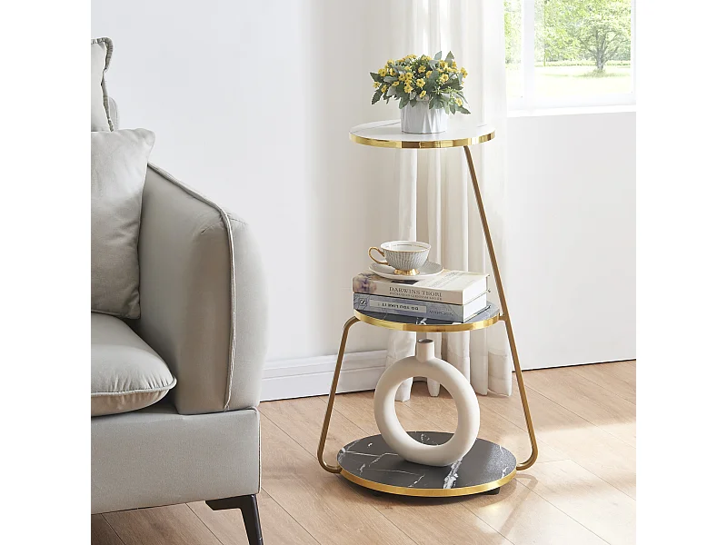 Table d'appoint Sipoo à 3 niveaux 74 x 46 x 37 cm marbre noir / marbre blanc / doré [en.casa]