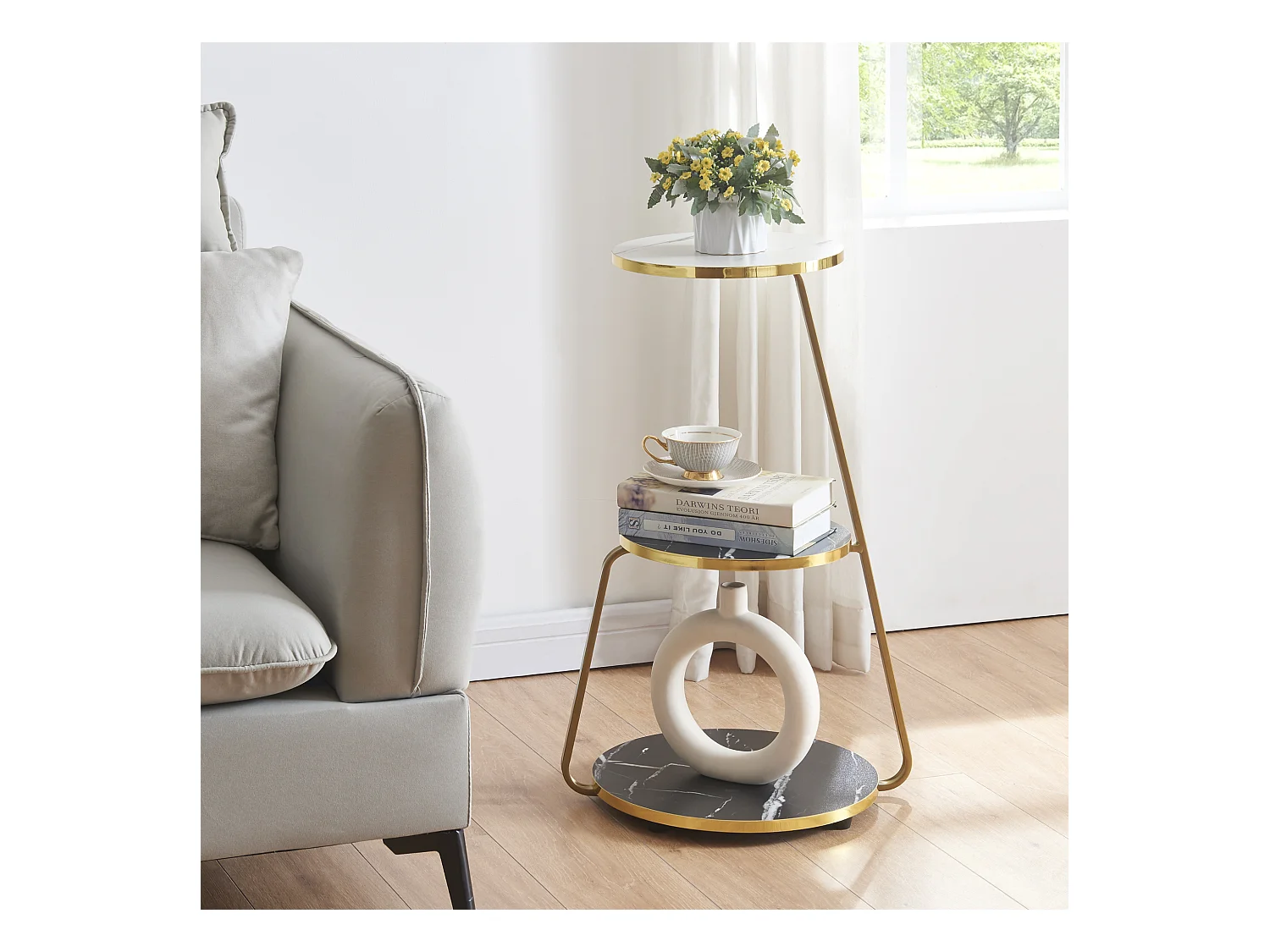 Table d'appoint Sipoo à 3 niveaux 74 x 46 x 37 cm marbre noir / marbre blanc / doré [en.casa]