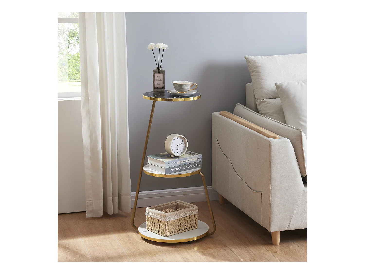 Table d'appoint Sipoo à 3 niveaux 74 x 46 x 37 cm marbre blanc / marbre noir / doré [en.casa]