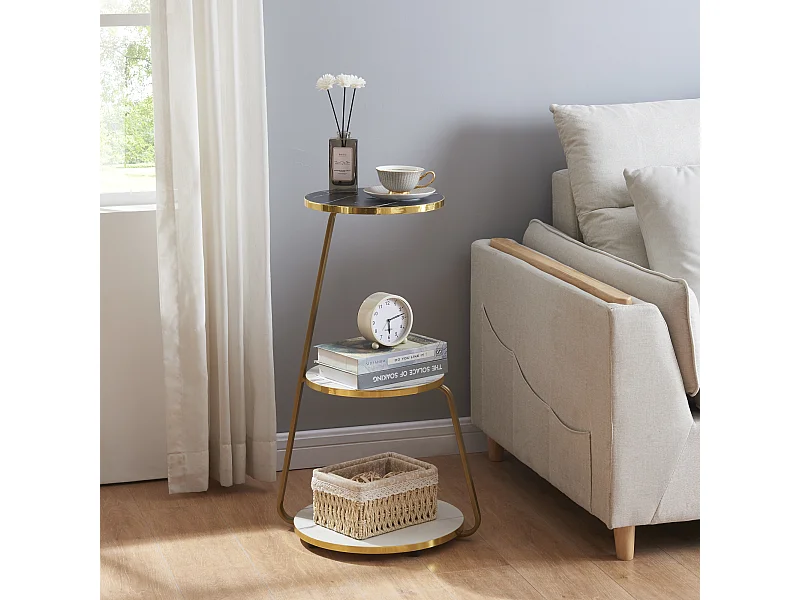 Table d'appoint Sipoo à 3 niveaux 74 x 46 x 37 cm marbre blanc / marbre noir / doré [en.casa]