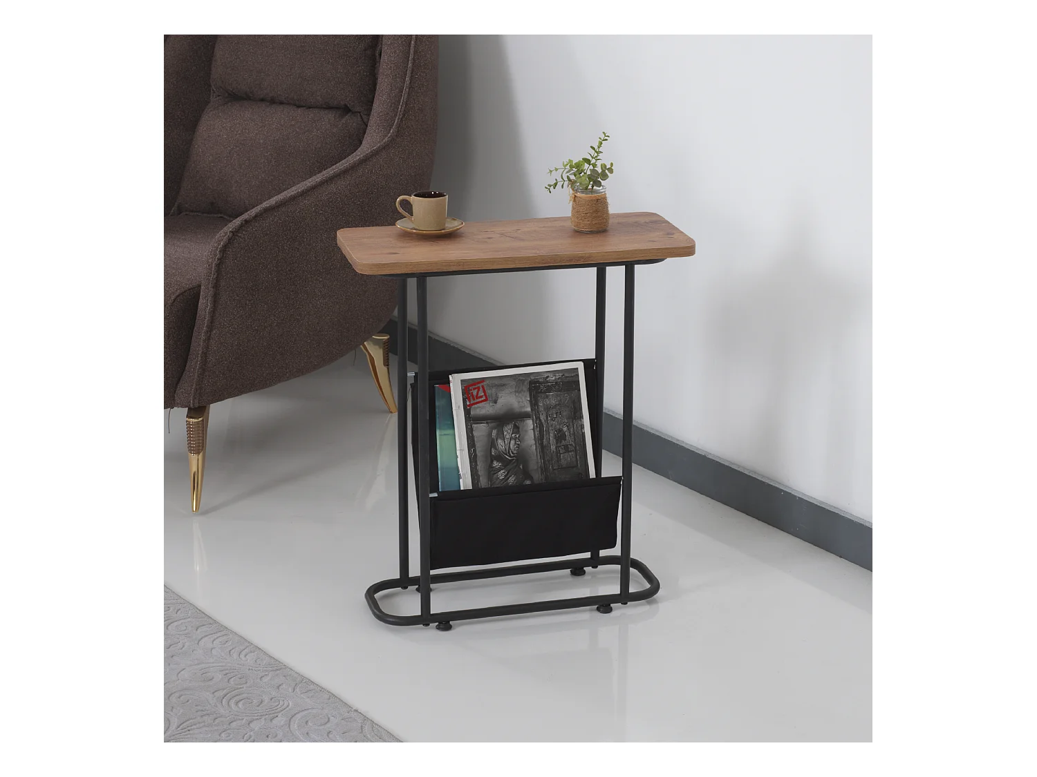 Table d'appoint Bov avec espace de rangement 64 x 55 x 24 cm effet noyer / noir [en.casa]
