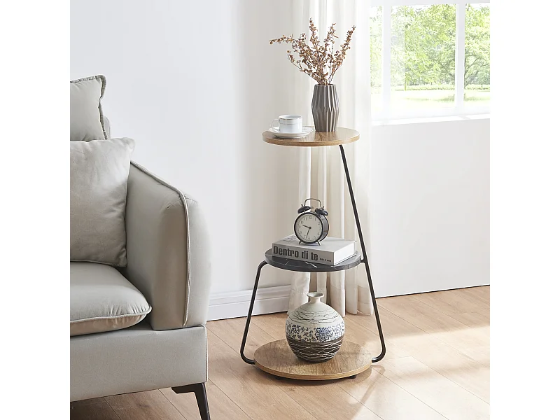 Table d'appoint Sipoo à 3 niveaux 74 x 46 x 37 cm effet noyer / marbre noir / noir [en.casa]