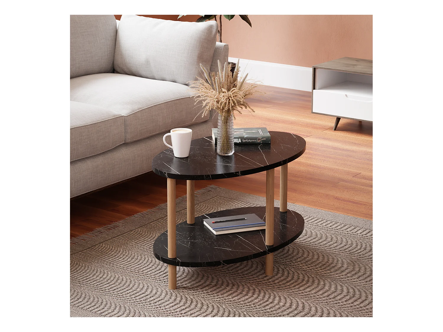 Table basse ovale Højreby 43 x 70 x 44 cm marbre noir [en.casa]