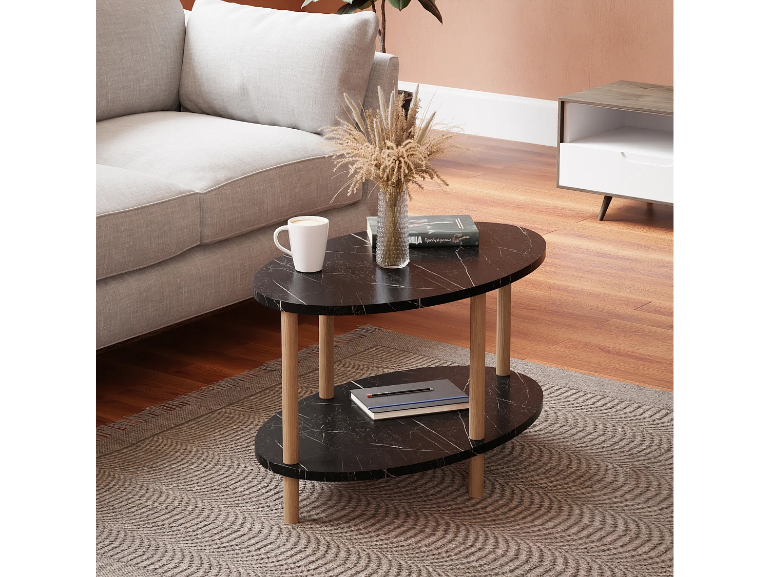 Table basse ovale Højreby 43 x 70 x 44 cm marbre noir [en.casa]