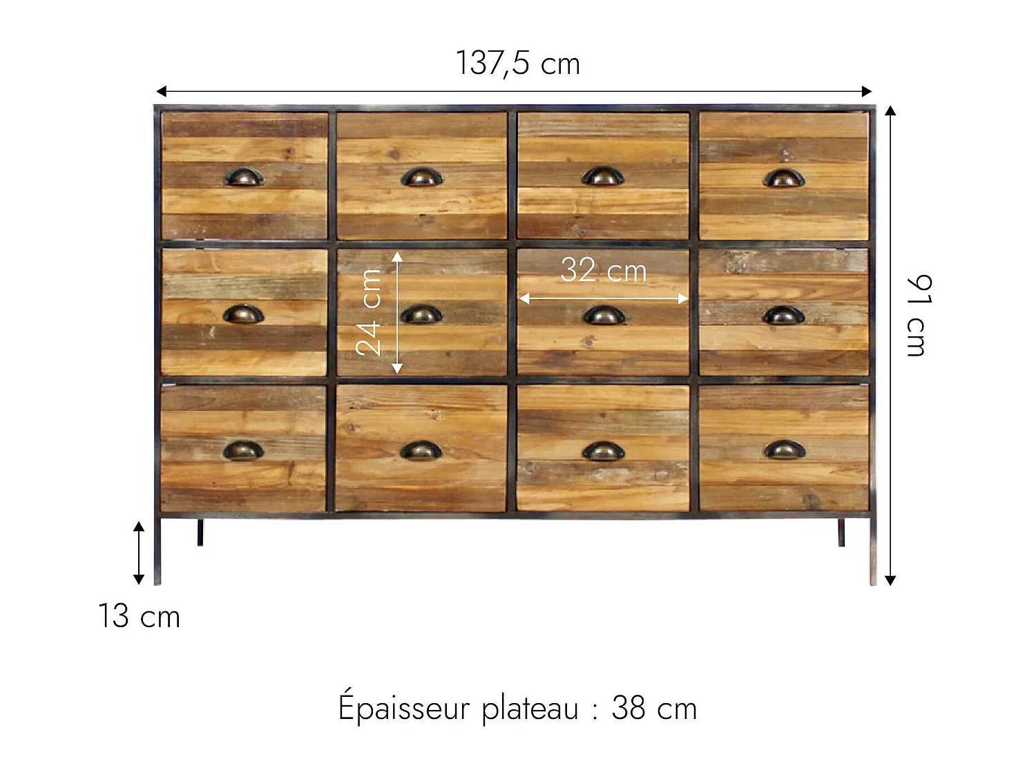Commode en pin et métal 12 tiroirs Shade