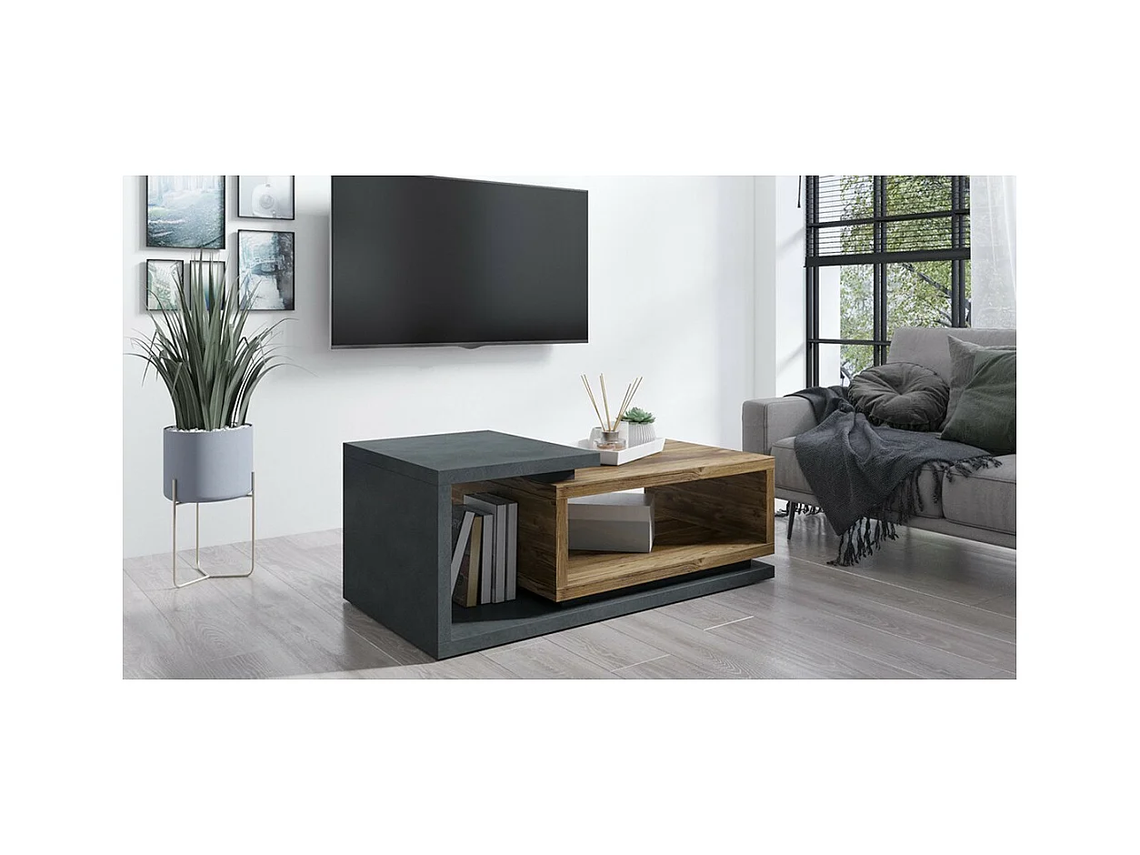 Mesa de centro design coleção BERGAME. Cores cinza e carvalho escuro. Estilo design.