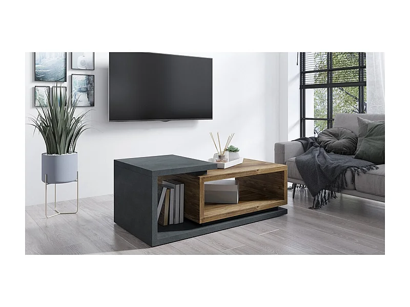 Mesa de centro design coleção BERGAME. Cores cinza e carvalho escuro. Estilo design.