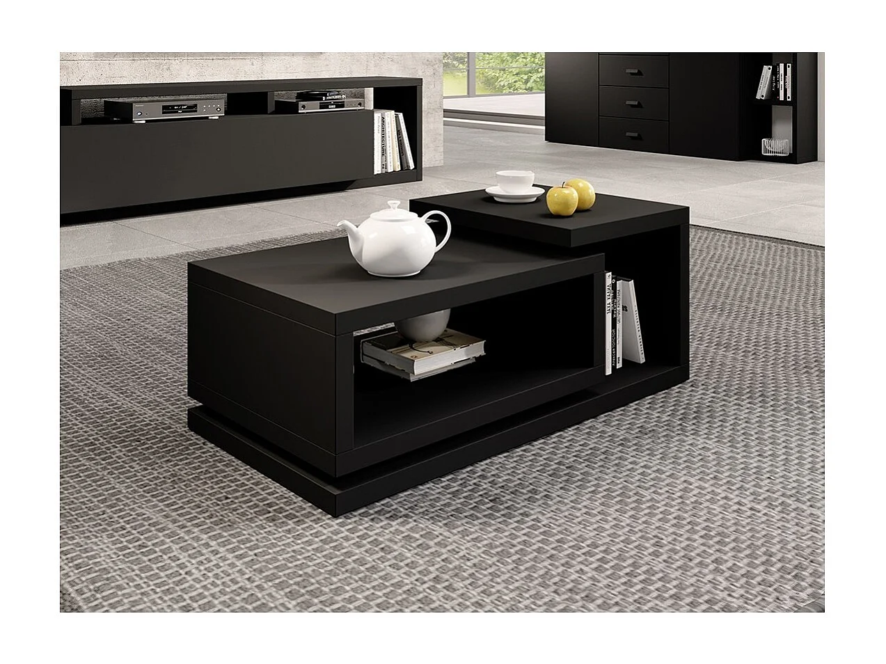 Tavolino da caffè design della collezione BERGAMO. Colore nero super opaco, stile design.