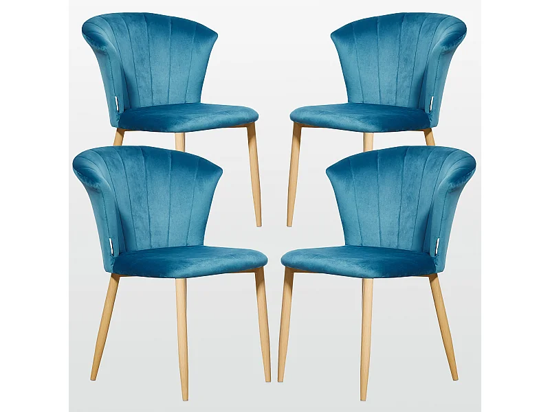 ELSA - Lot de 4 Chaises en Velours Vintage - Bleu