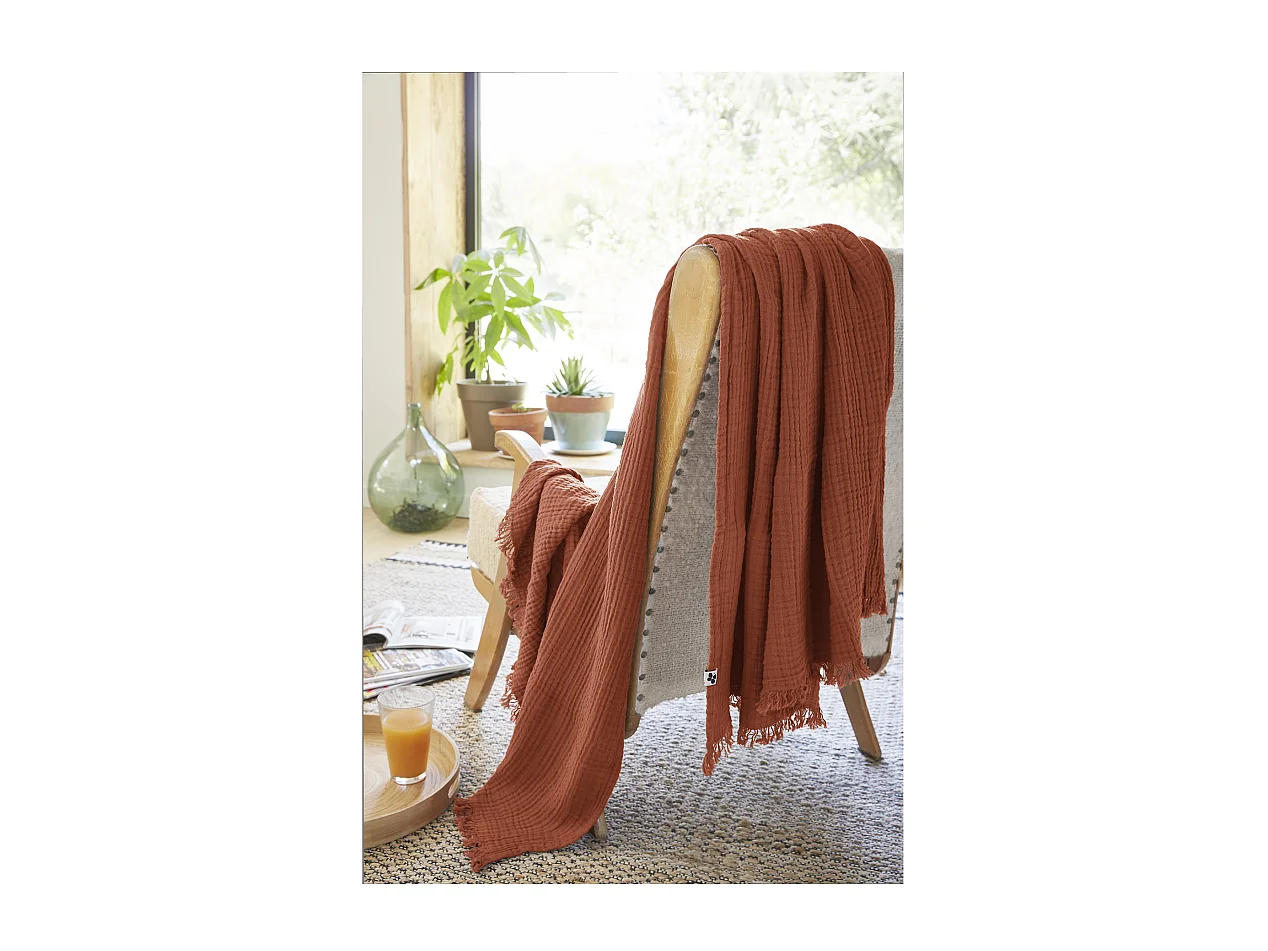 Plaid quadruple gaze de coton 130 x 160 cm Gaia terracotta