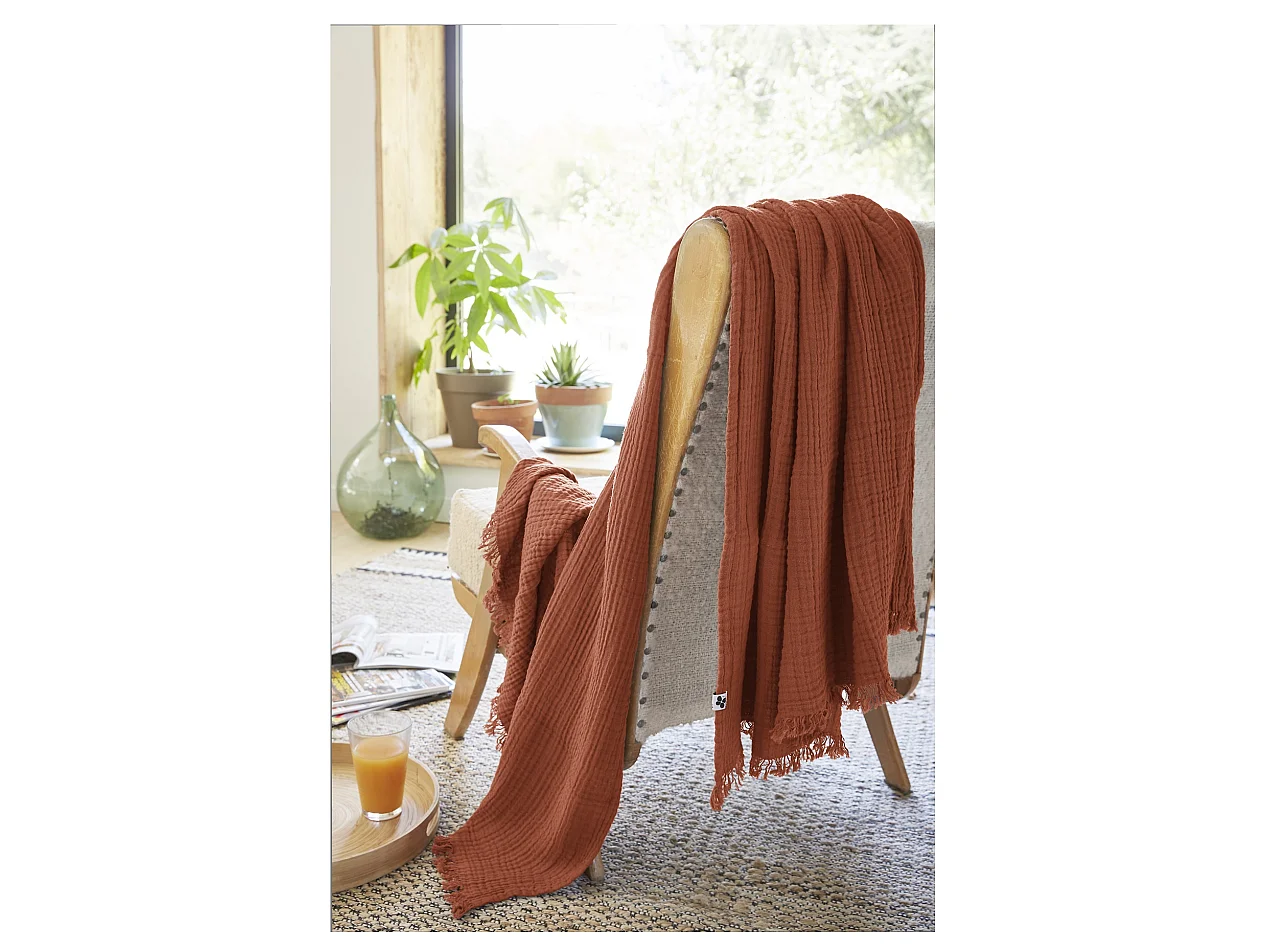 Plaid quadruple gaze de coton 130 x 160 cm Gaia terracotta