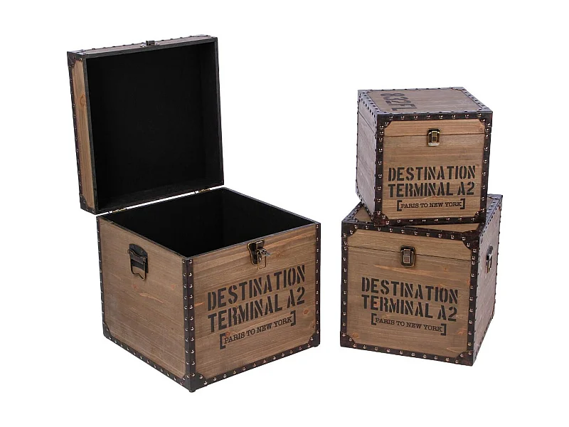 Set de 3 Malles de rangement en Bois déco Rétro factory