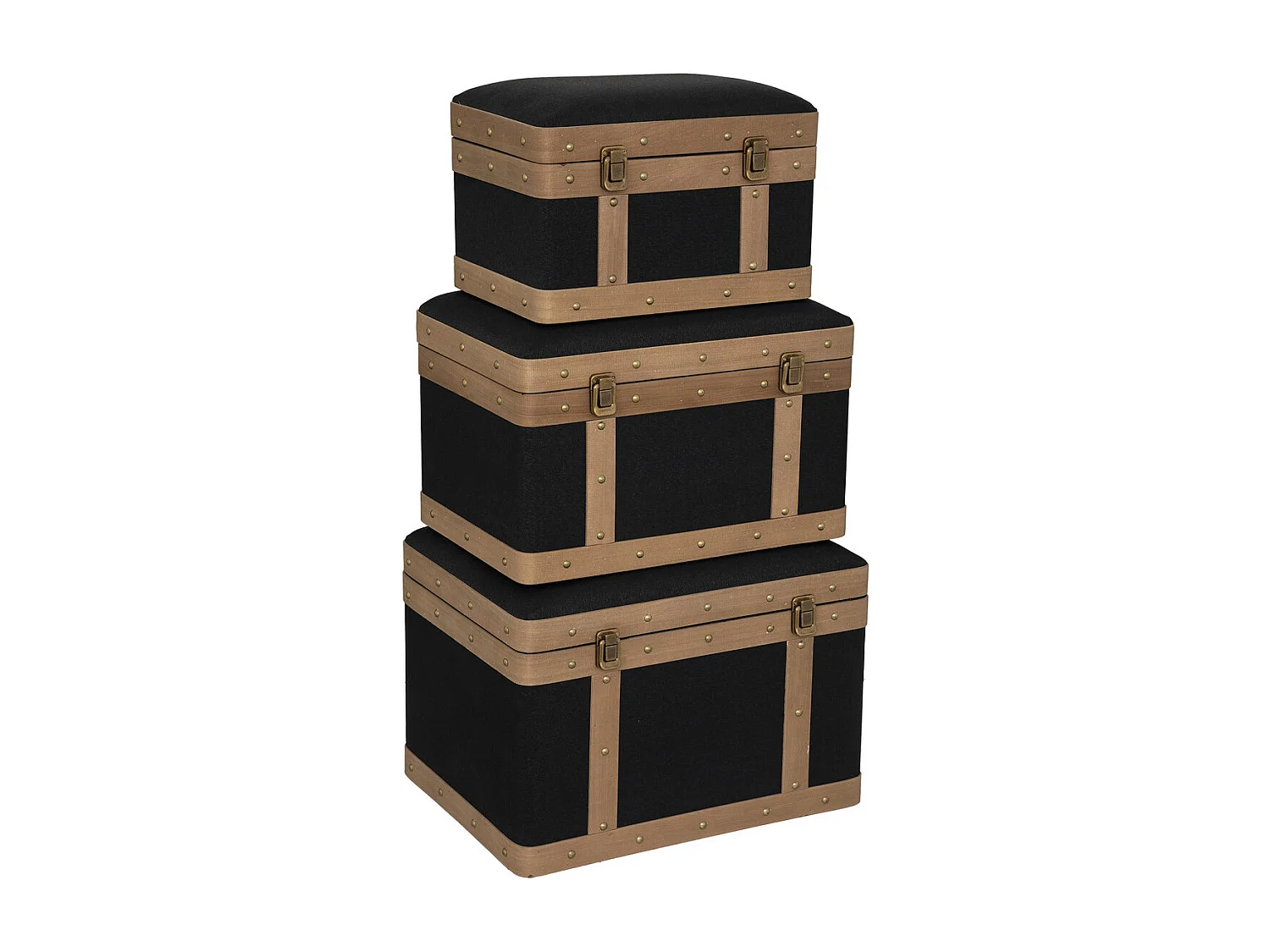 Set de 3 Malles de rangement déco en Bois et Lin noir