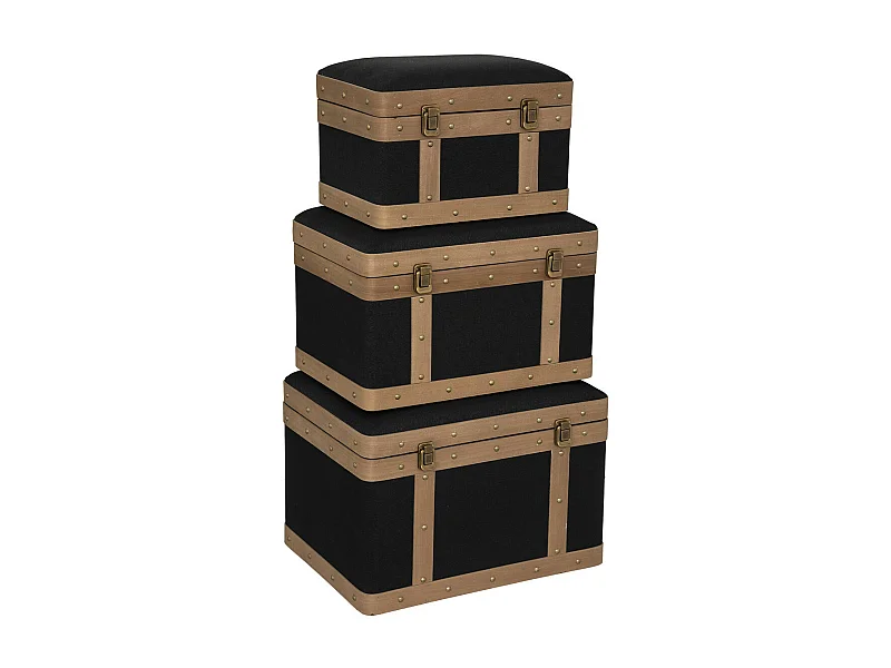 Set de 3 Malles de rangement déco en Bois et Lin noir
