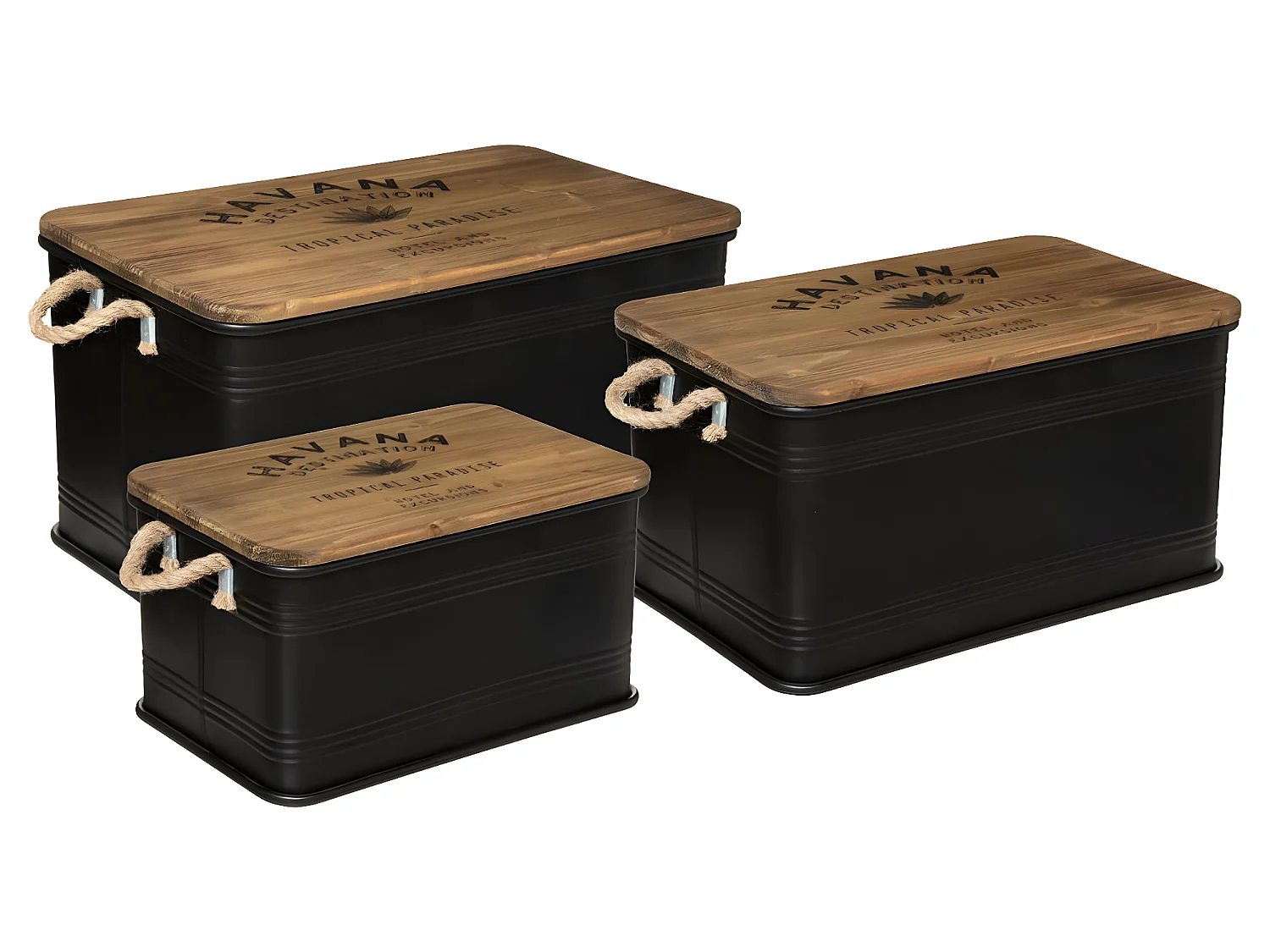 Set de 3 Malles en Métal noir et Bois déco