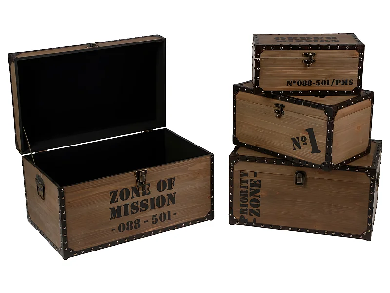 Set de 4 Malles de rangement en Bois déco Rétro Industriel