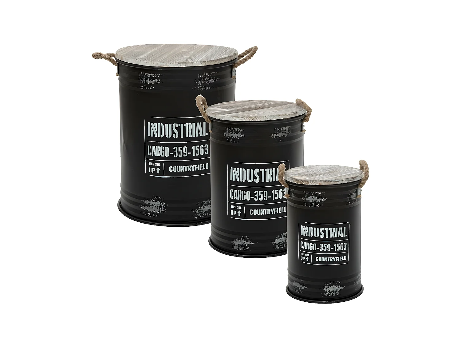 Lot de 3 Coffres Bidon en métal Noir Industrial rétro factory