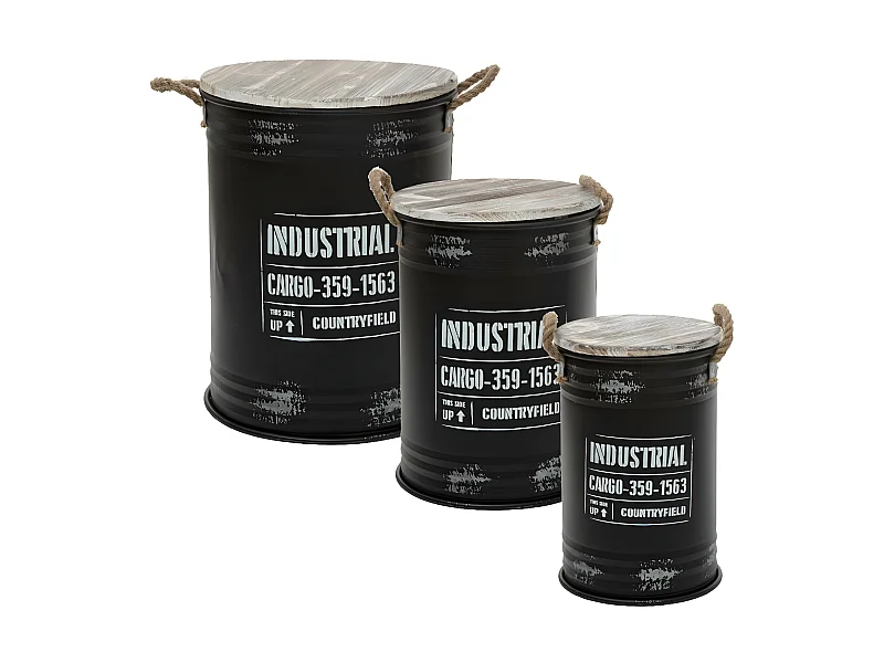 Lot de 3 Coffres Bidon en métal Noir Industrial rétro factory